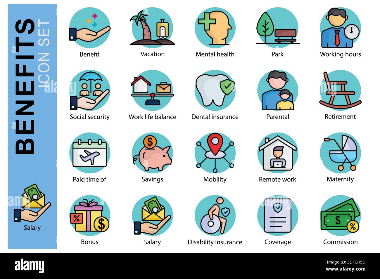 Benefits icon set. Colored outline icon style. Containing icon savings ...