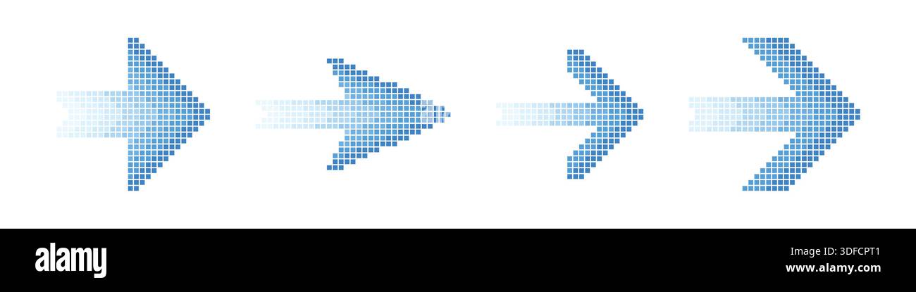 Halftone pixel blue arrow set. Colorful pixel gradient cursor design collection Stock Vector