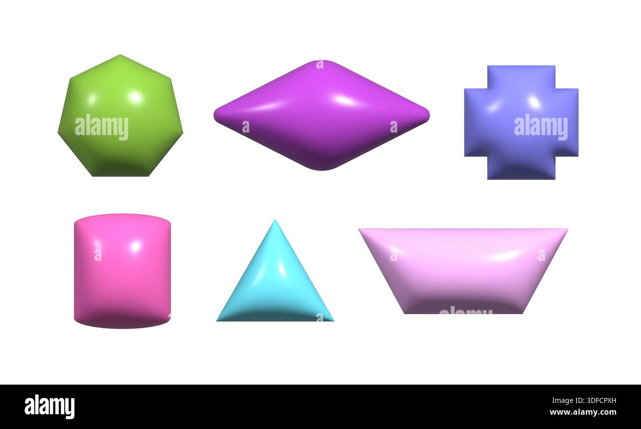 Trendy 3d inflated shapes collection. Plastic render effect vector doodle form set. Stock Vector