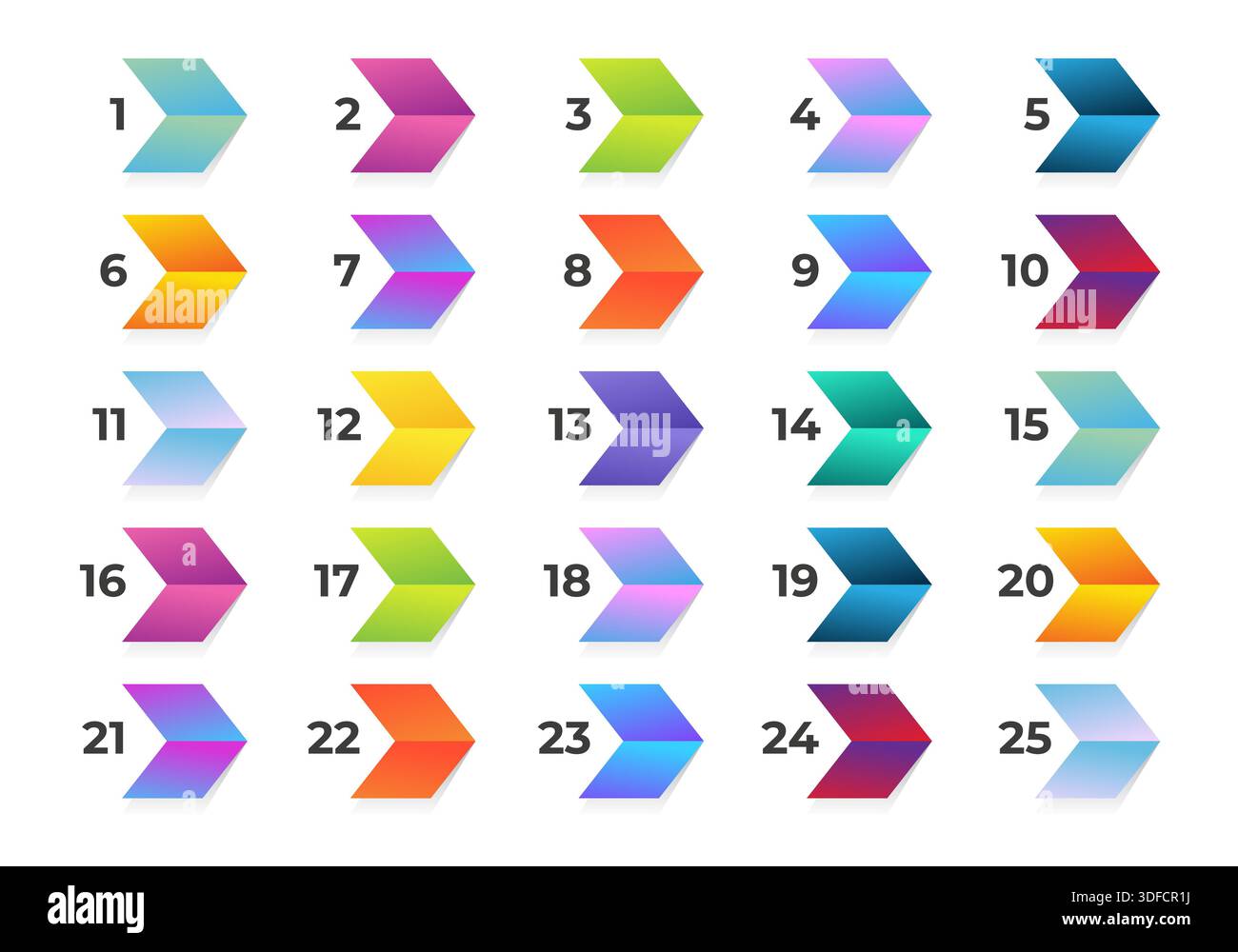 3d arrow number bullet points from 1 to 25. Stock Vector