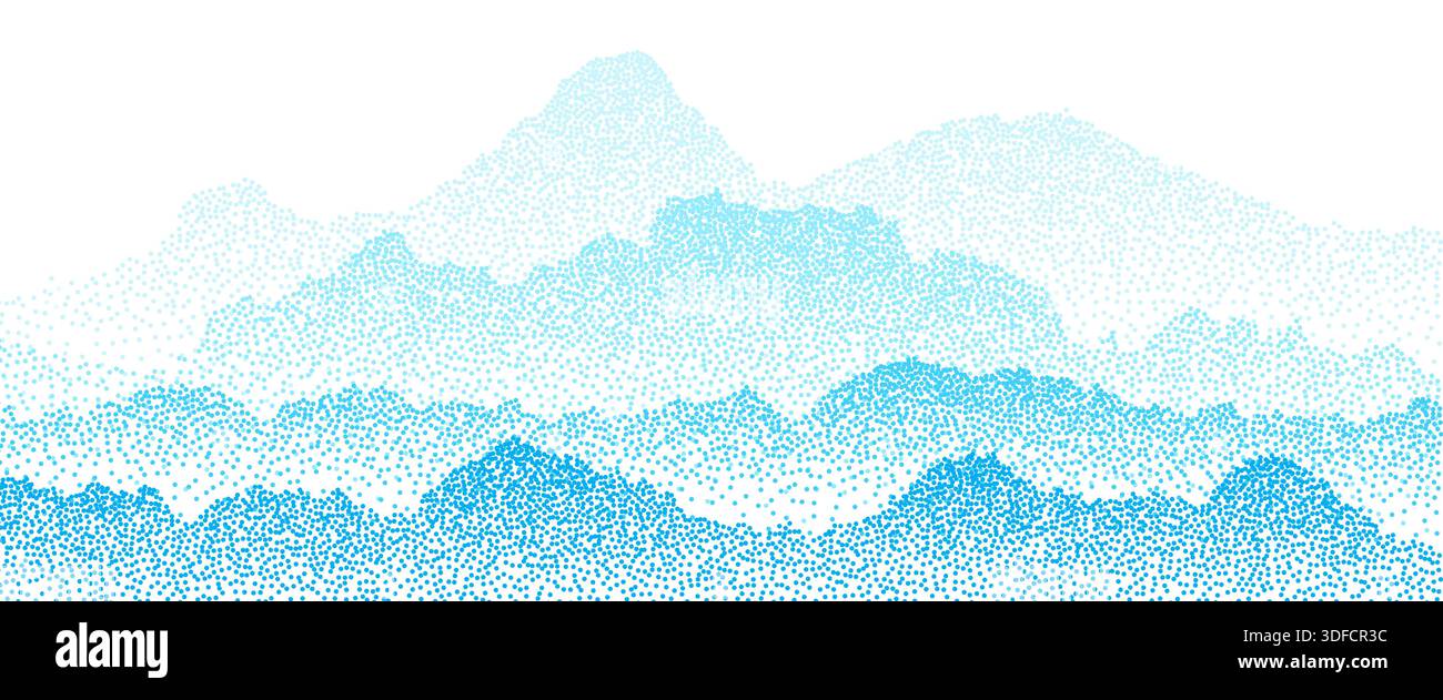 Blue grain stippled mountains. Dotted landscape and terrain. Grainy hills Stock Vector