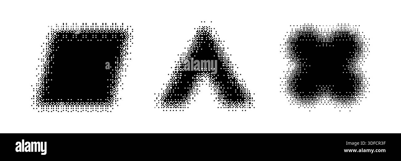 Bitmap geometric shapes set. Distorted pixel Y2k halftone Stock Vector
