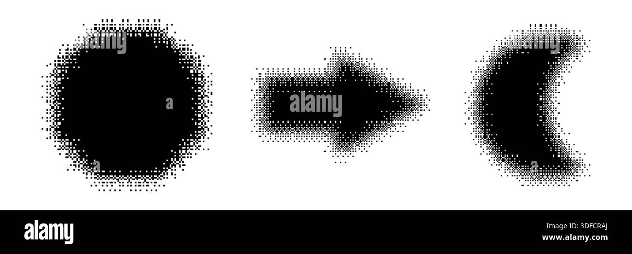 Bitmap geometric shapes set. Distorted pixel Y2k halftone Stock Vector
