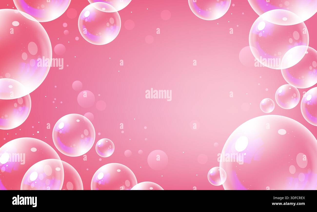 Abstract pink bubbles background. Transparent realistic soap bubble Stock Vector