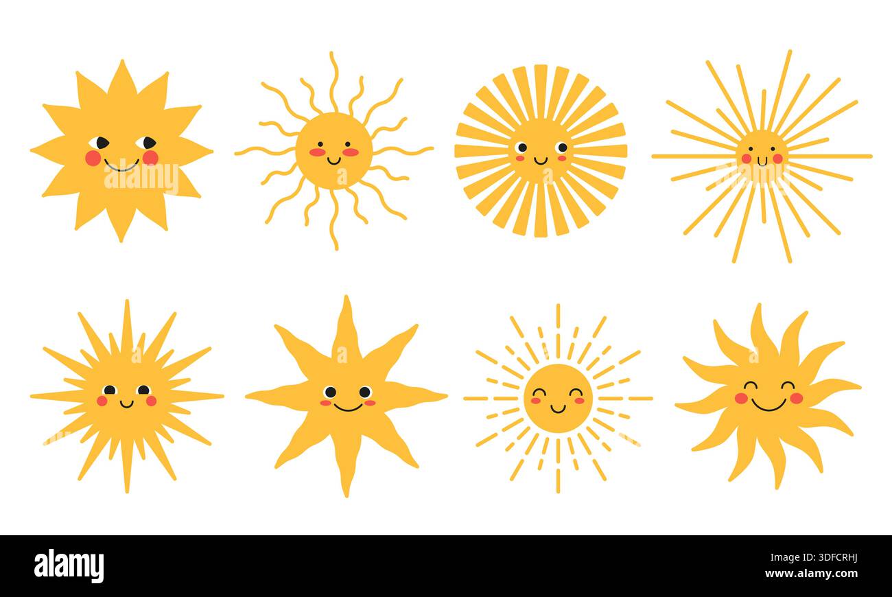 Cute yellow sun collection Stock Vector