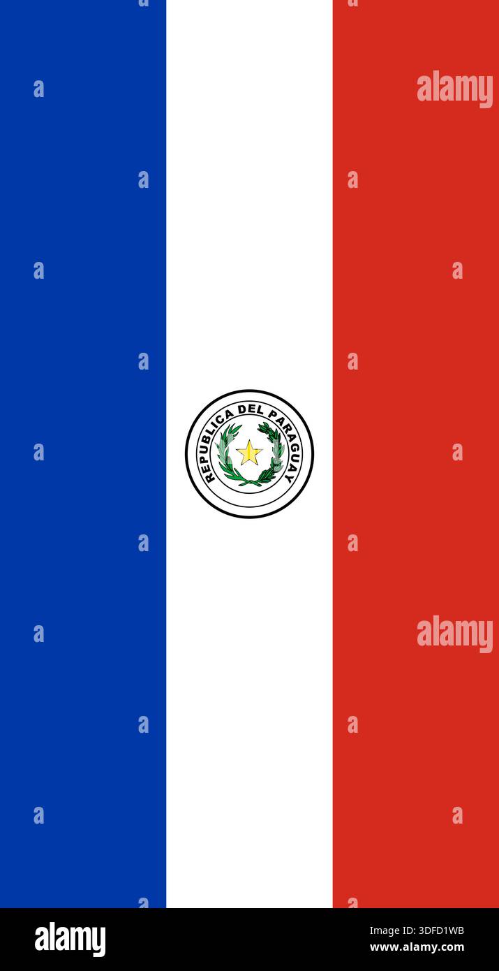 Paraguay vertical flag in official colors, dimensions and aspect ratio. Vector flag symbolizing national pride, identity, heritage, patriotism and authority Stock Vector
