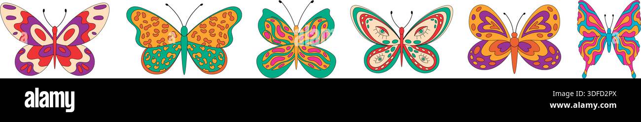 Groovy Retro Seamless Butterfly Border Pattern Stock Vector