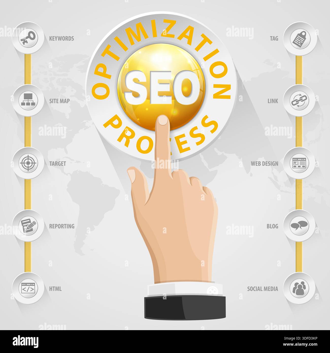 Search Engine Optimization (SEO) Concept with Buttons, Icons and Hand. Vector Template. Stock Vector