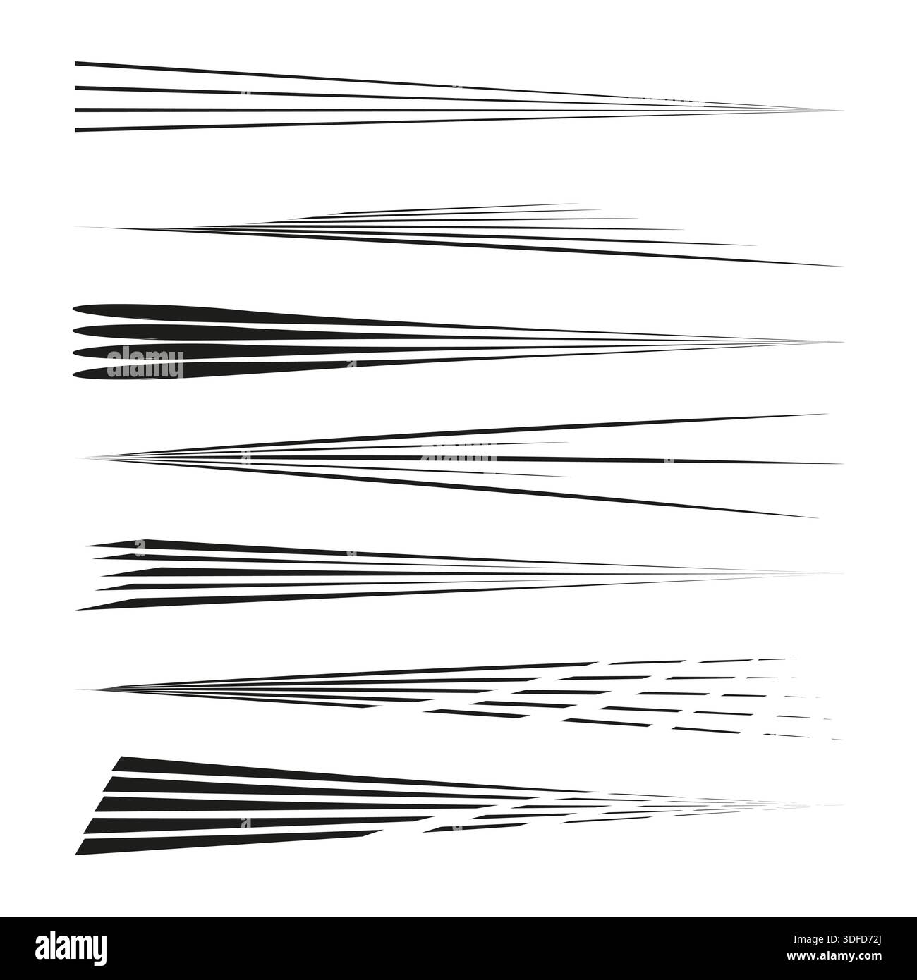 Highly sophisticated linear movement Vector. Extremely dynamic speed lines. Tapered stroke set. Professional motion patterns. EPS 10. Stock Vector