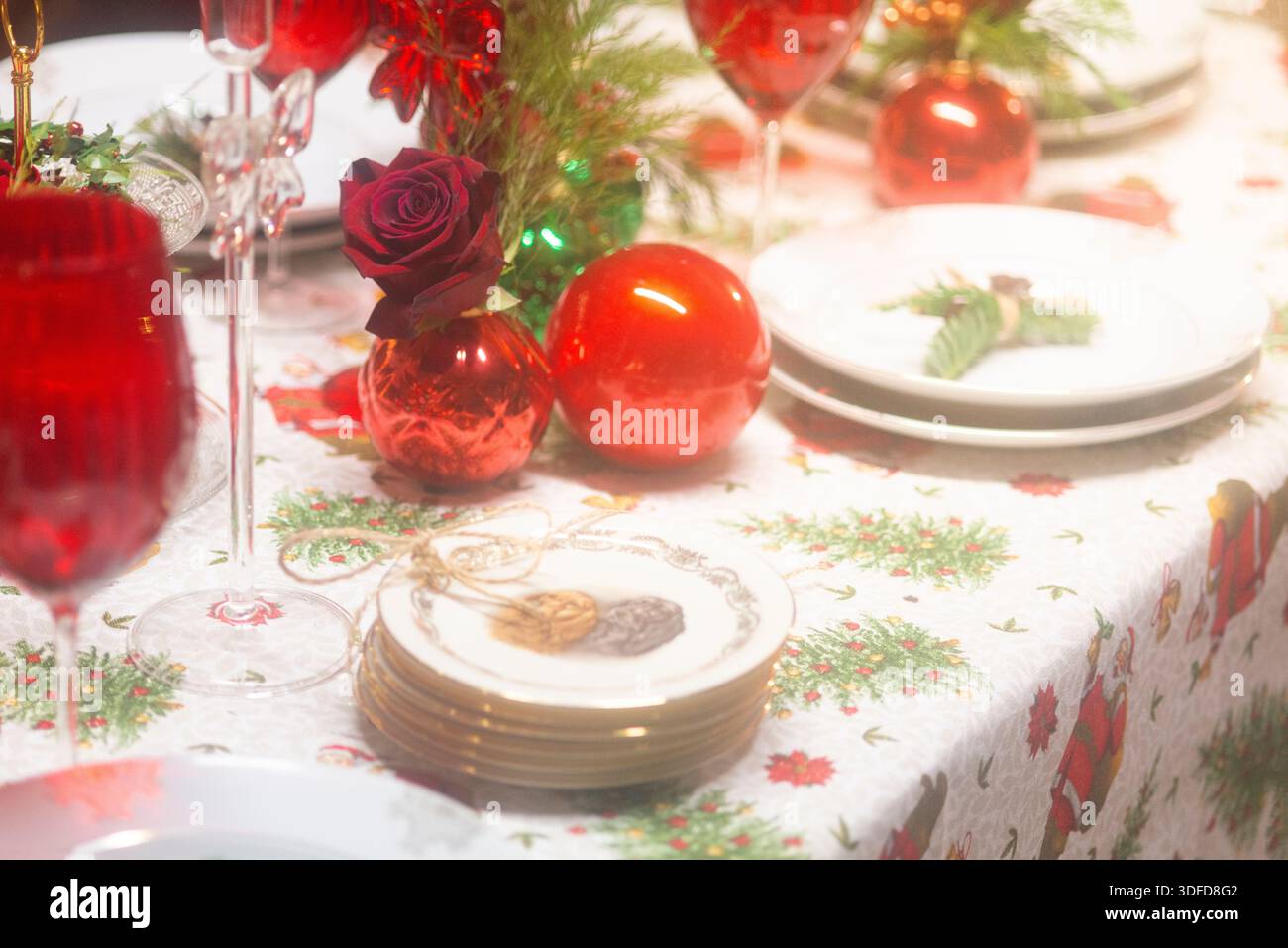 Christmas Table Setting at Home Stock Photo