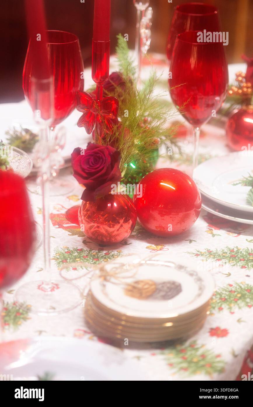 Christmas Table Setting at Home Stock Photo