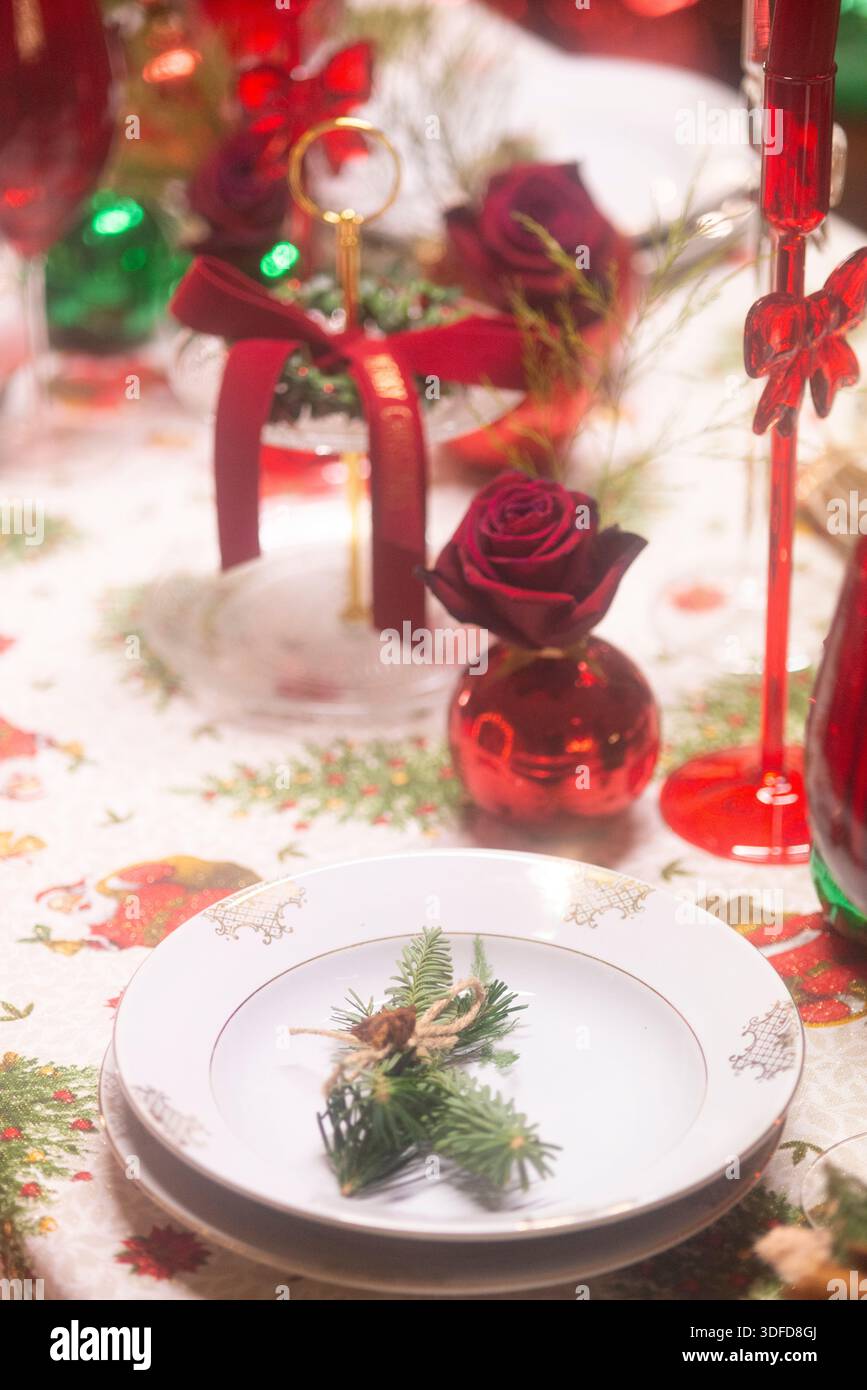 Christmas Table Setting at Home Stock Photo
