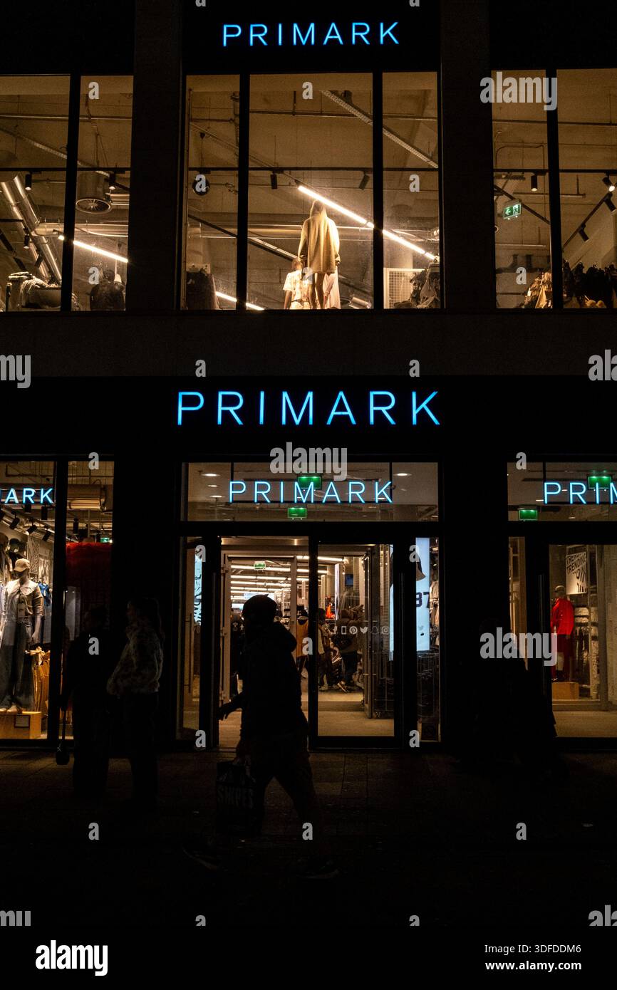 Primark First Store Window Night view of the Primark clothing store facade with large illuminated ...