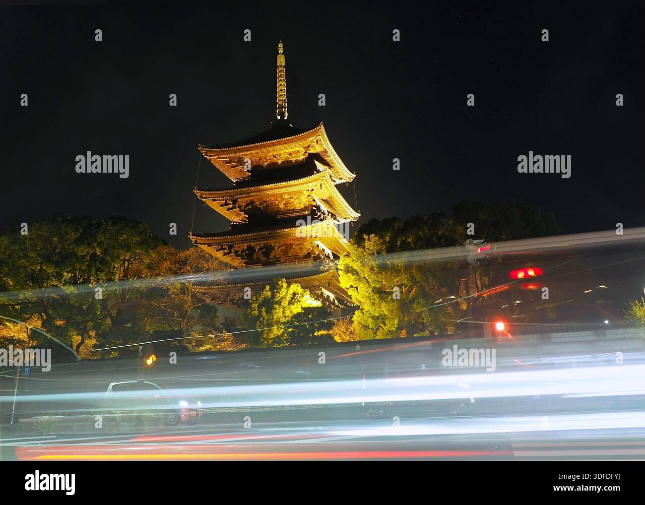 Historic Five-Storied Pagoda of Toji Temple illuminated at night