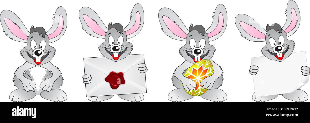 Set Easter Rabbit with Egg, Envelope, Blank Sheet of Paper, Isolated on White Background, vector Stock Vector