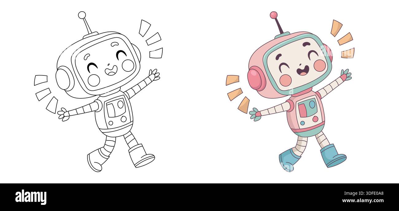Cute dancing robot coloring page and colored Stock Vector
