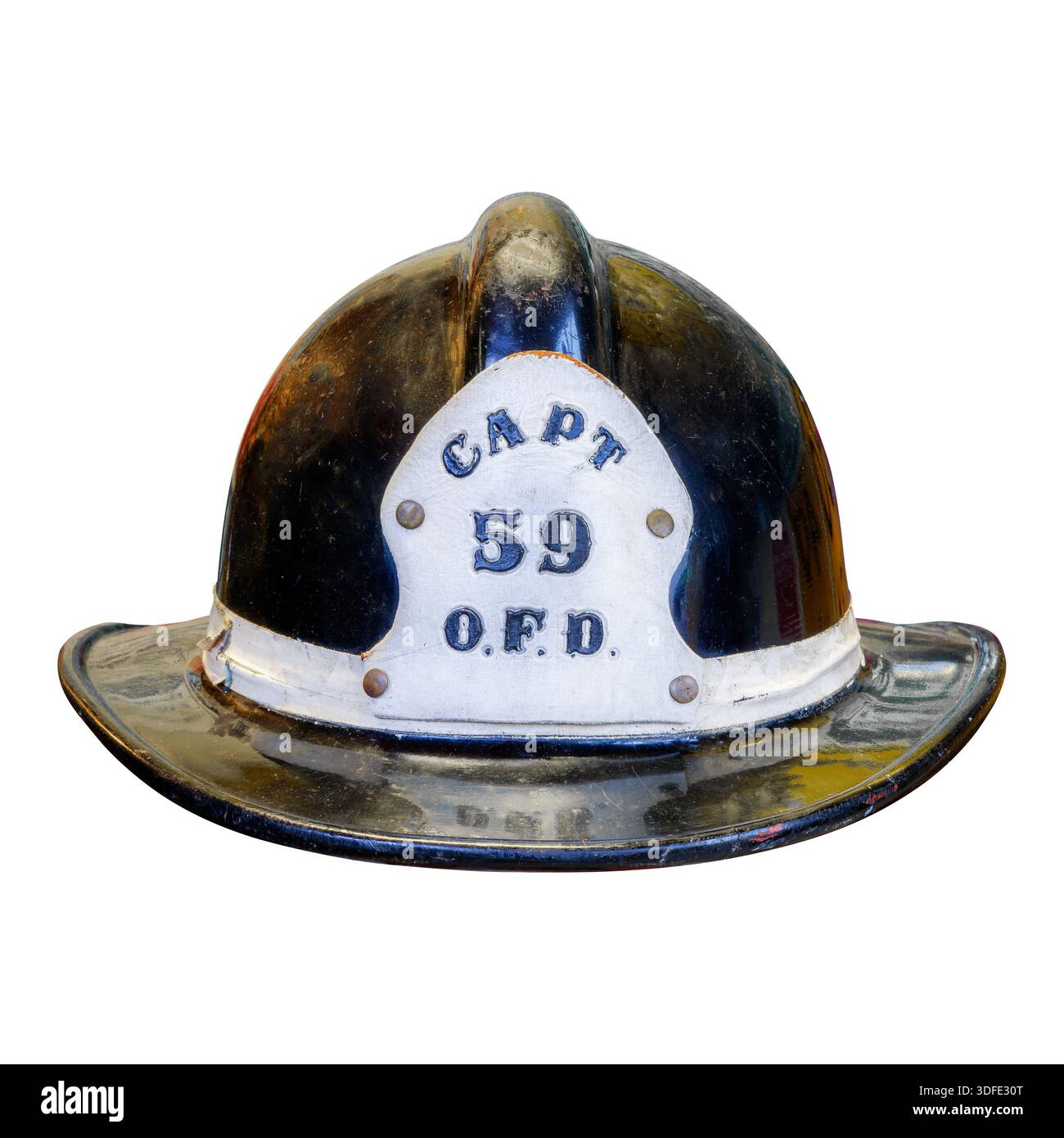 Vintage black captain fire brigade helmet isolated on a white background Stock Photo