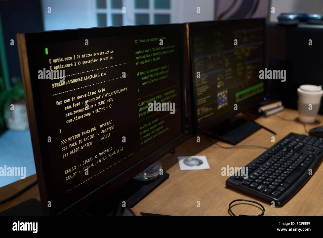 Close up of Computer Monitors Displaying Surveillance Camera Code Running Stock Photo