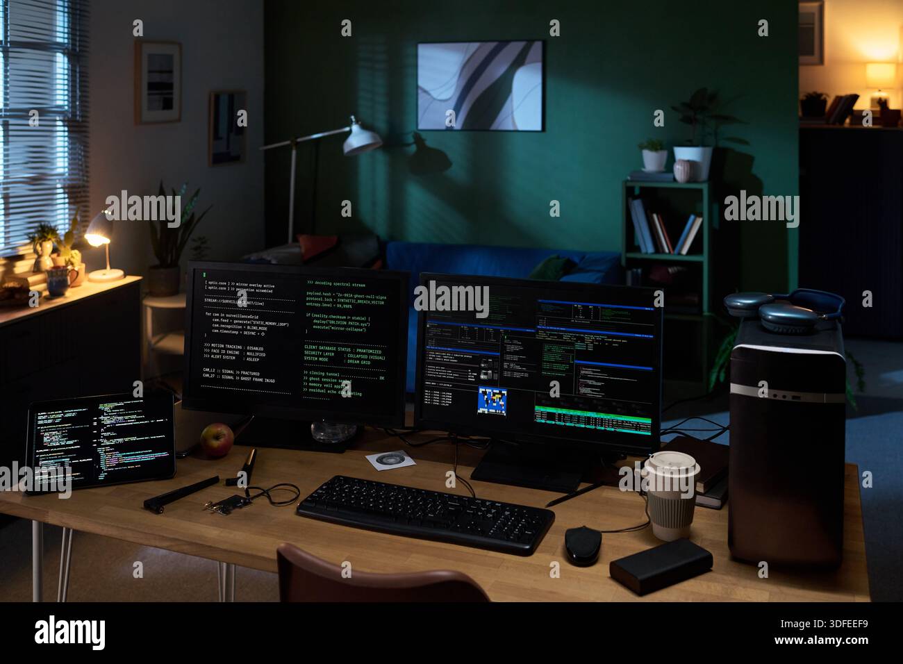 Empty Home Office Workspace Featuring Multiple Monitors Displaying Programming Code Stock Photo