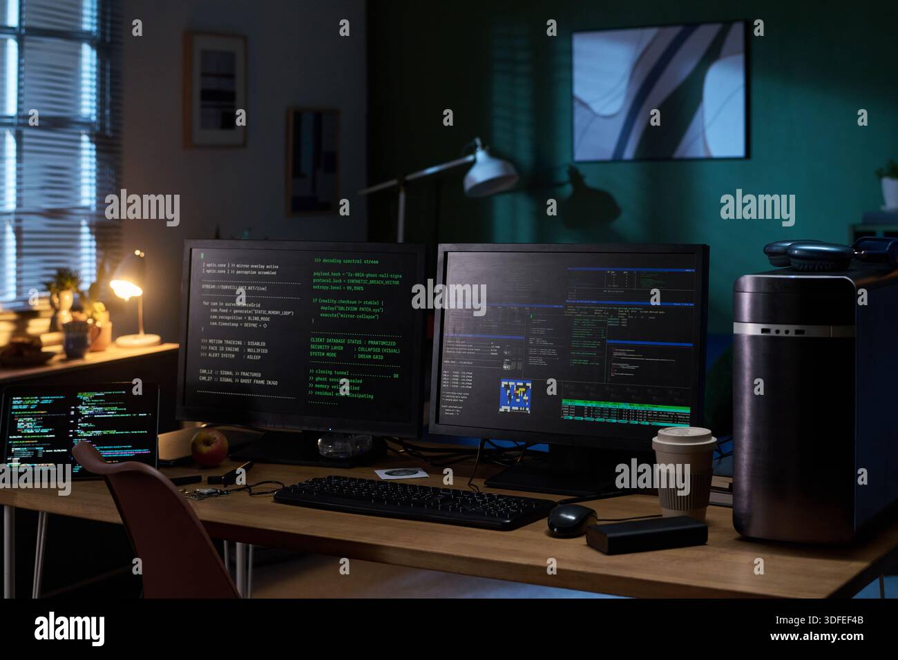 Empty Home Office Desk Featuring Multiple Monitors Displaying Programming Code Stock Photo