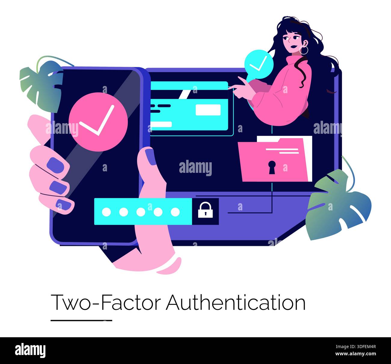 Two-Factor Authentication vector illustration depicting a person using a device for security verification. Highlighting secure online transactions with digital technology and mobile verification. Stock Vector