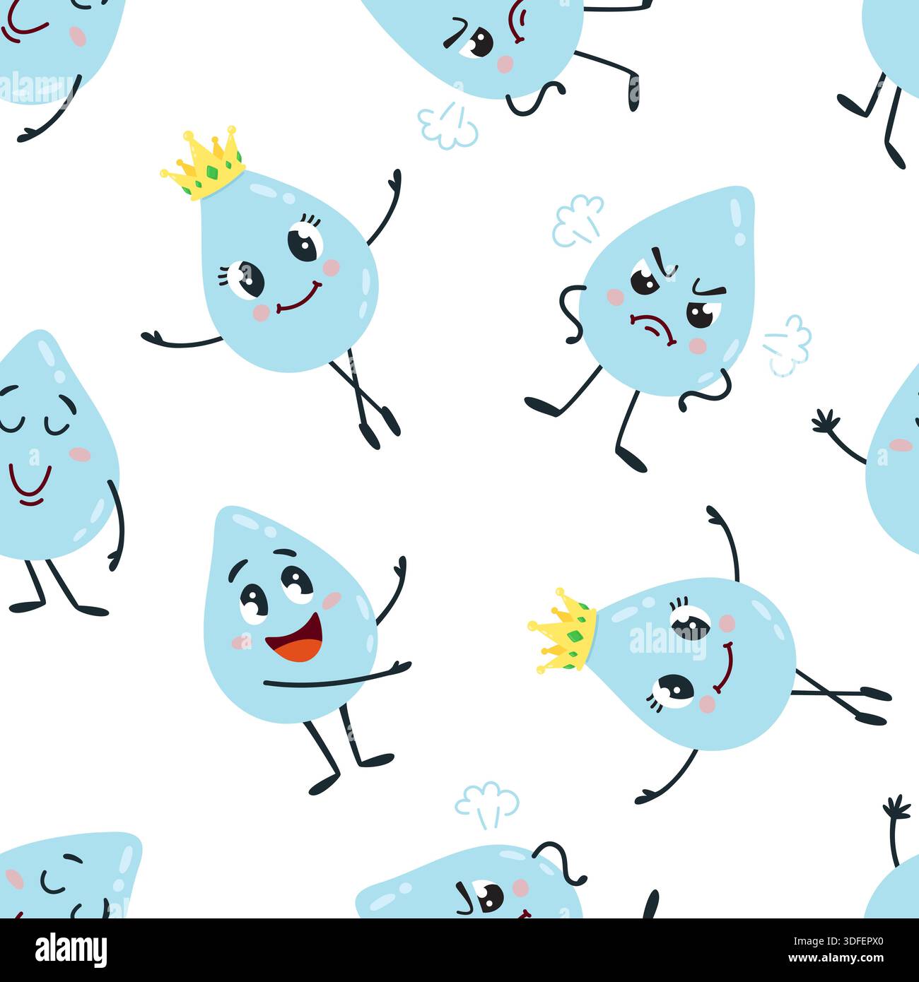 Cartoon drops seamless pattern. Water drop, different funny blue liquid ...
