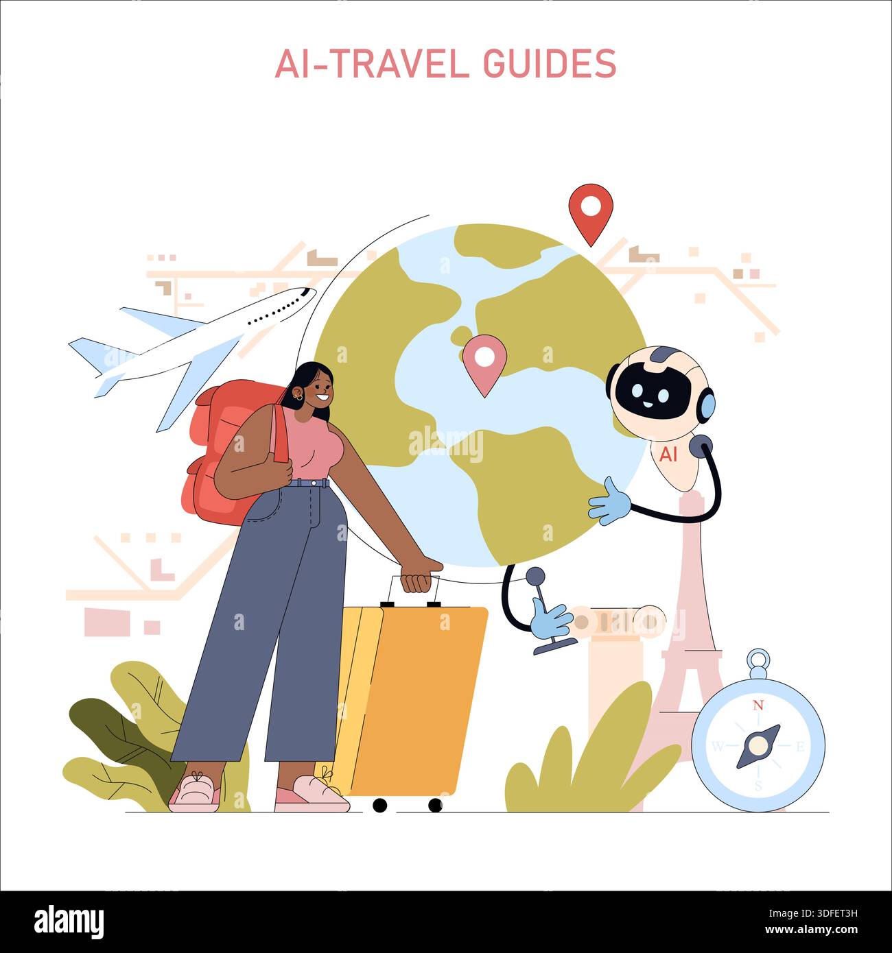 Vector illustration of a traveler engaging with an AI robot travel ...