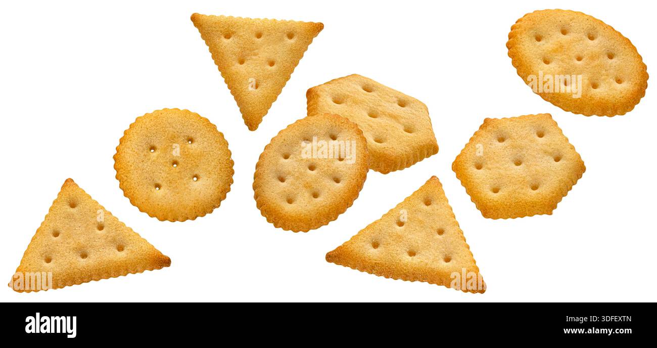 Mix of round, triangular and hexagonal shape crackers isolated on white background Stock Photo