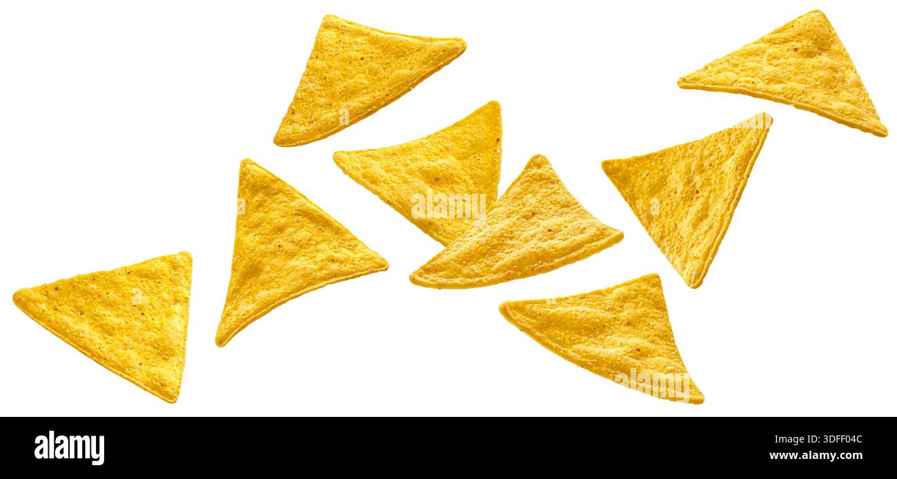 Falling nachos isolated on white background with clipping path Stock Photo