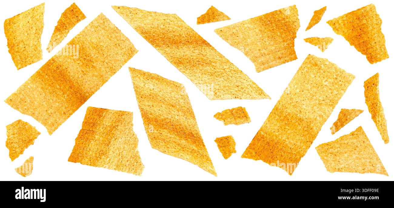 Long chips isolated on white background with clipping path, falling rectangular mashed potato snacks, package design element Stock Photo