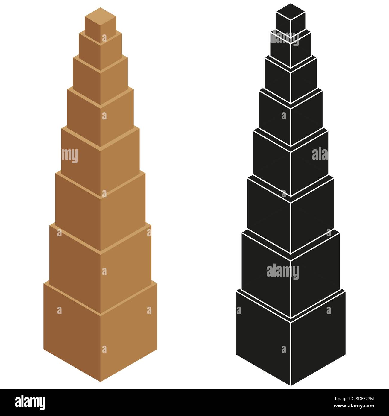 Isometric cube tower set. 3D block stack column. Brown and black geometric construction. Progress and growth concept. EPS 10. Stock Vector