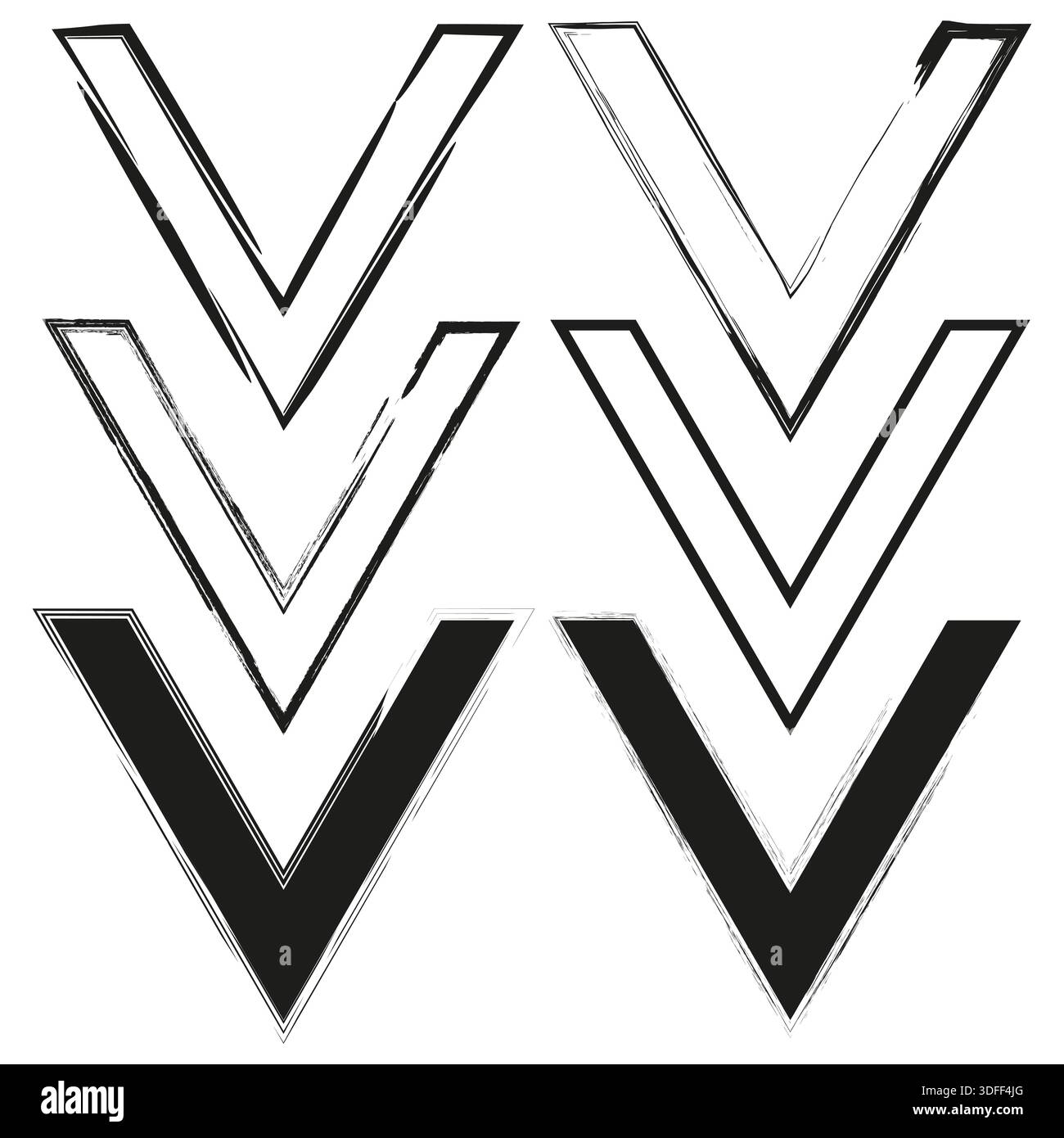Check mark icon. Down arrow vector. V letter shape. Direction pointer sign. EPS 10. Stock Vector