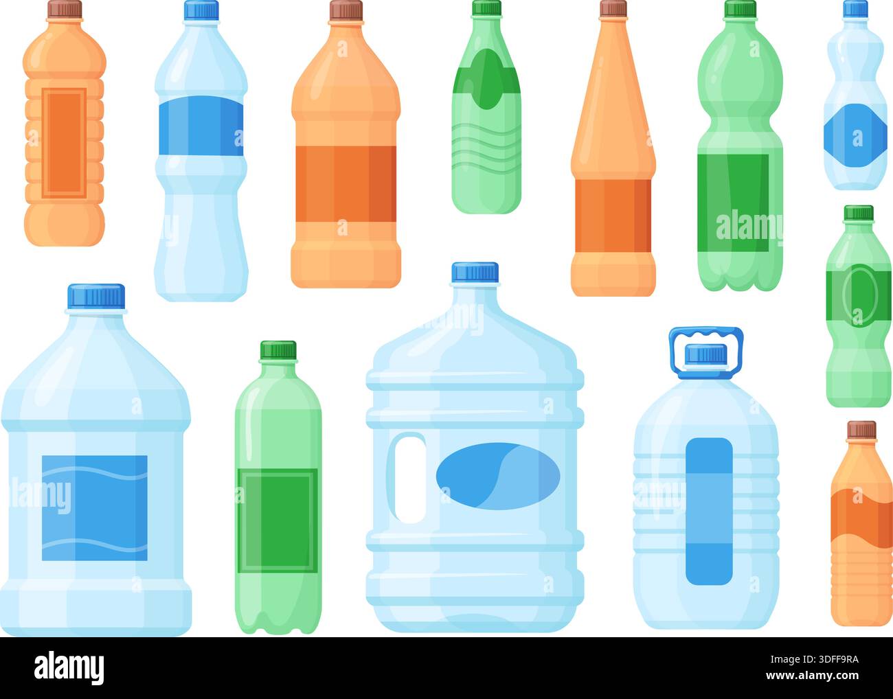 Mineral water packaging. Plastic bottles different shape volume empty ...