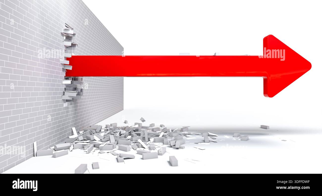 Red arrow breaking brick wall 3d success concept Stock Photo