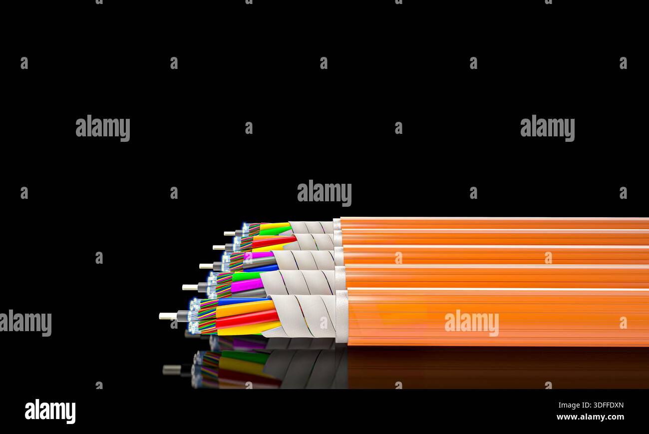3d Fiber optic cable on black background Stock Photo
