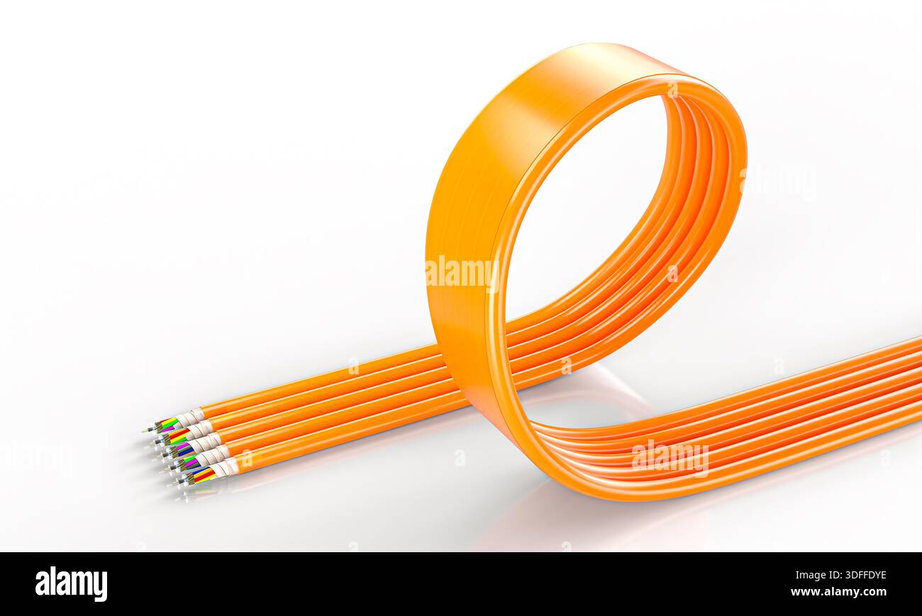 Orange fiber optic cables forming 3d loop Stock Photo