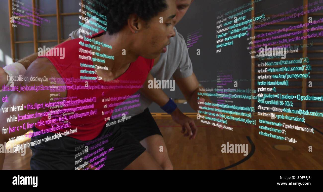 Basketball Bar Code Practicing two basketball players leaning and guarding at gym, red and ...