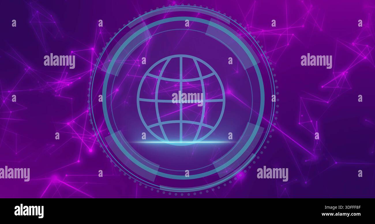 Glowing stylized cyan globe icon rotating within concentric HUD rings in digital interface, network Stock Photo