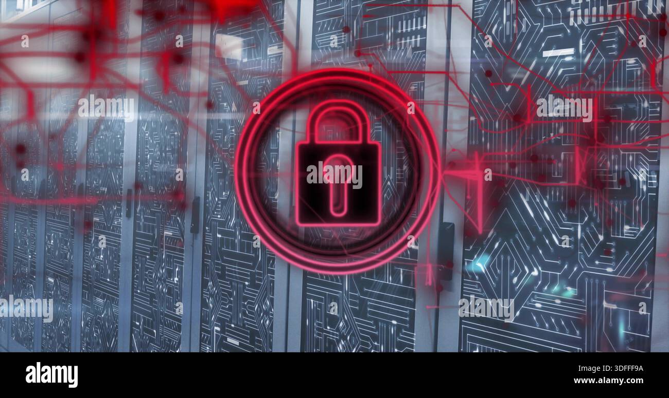 Hovering neon red lock icon projecting network lines over server racks in data center, LED lights Stock Photo