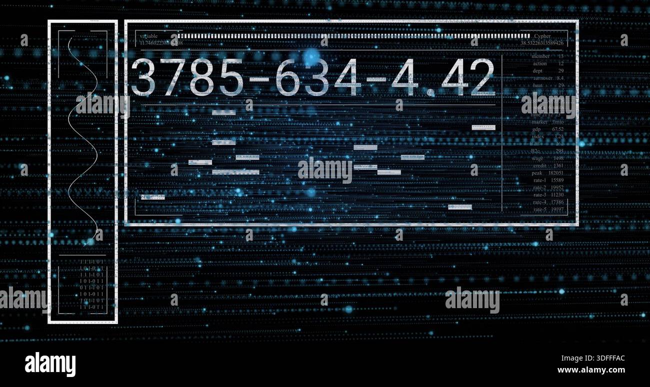 Displaying central HUD panel featuring numeric sequence 3785-634-4 Stock Photo