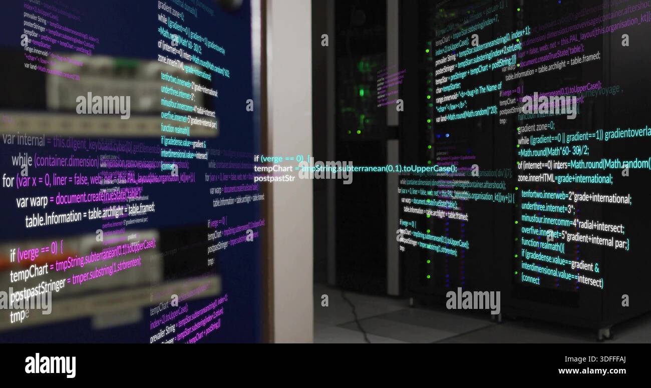 Displaying glass-front server racks with stacked chassis and code reflections in data center aisle Stock Photo