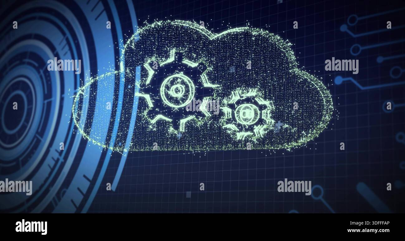 Displaying holographic cloud icon forming from particles in virtual interface, with two gears Stock Photo
