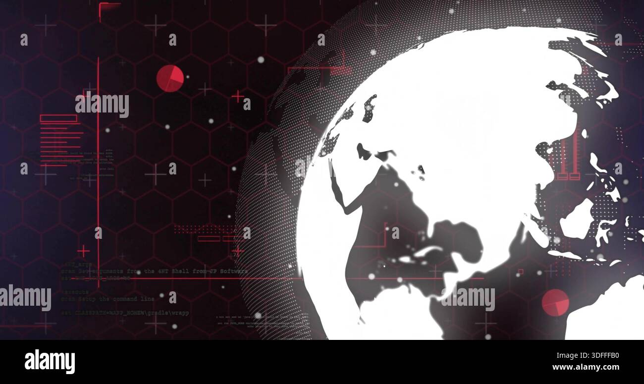 Rotating stylized white globe on right over hex-grid in cyber interface, showing red HUD elements Stock Photo