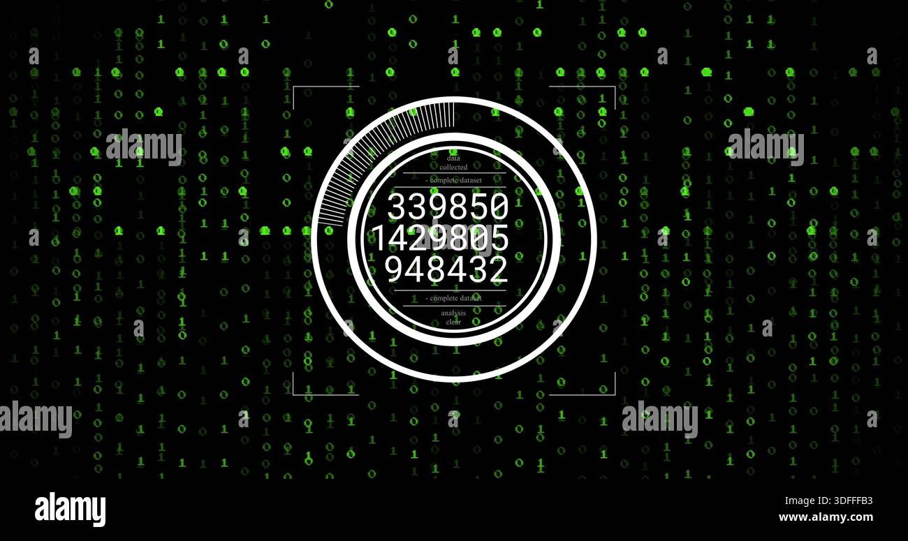 Displaying central HUD showing three stacked counters in console with corner brackets, binary code Stock Photo