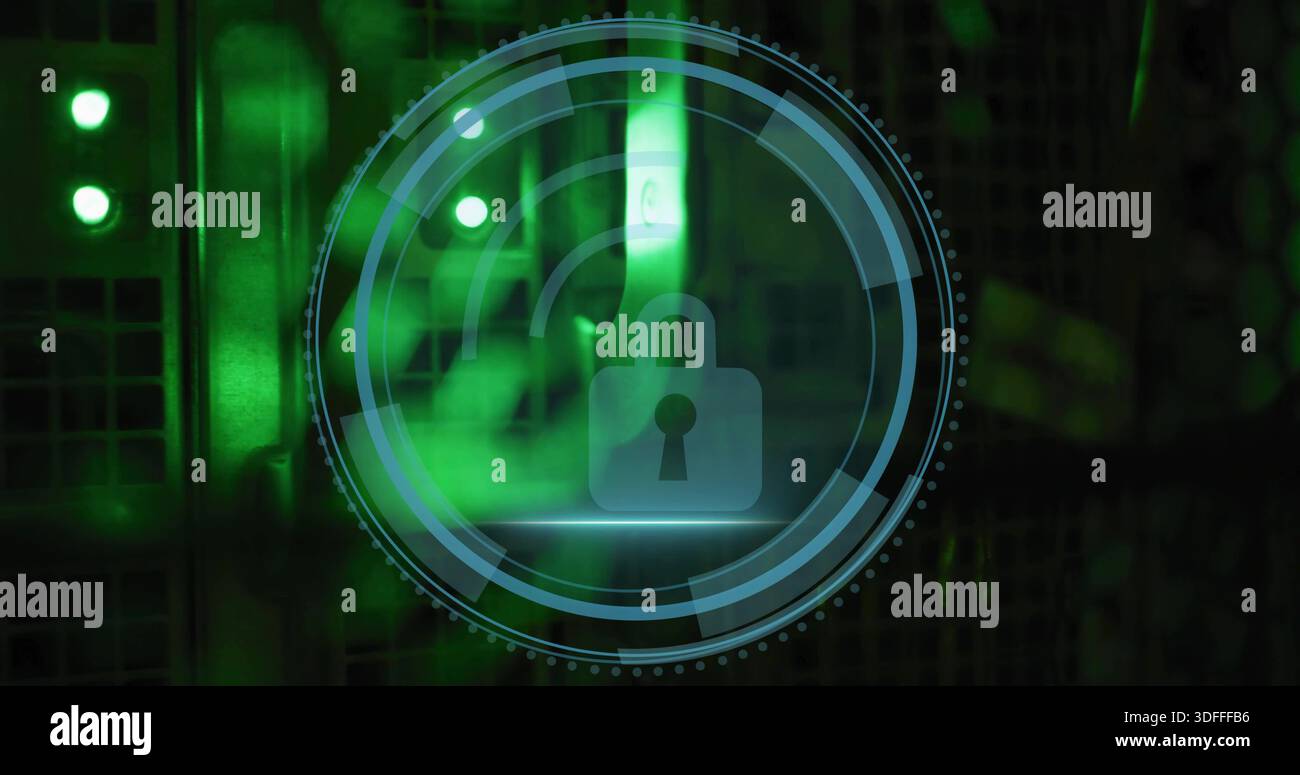 Displaying translucent HUD with concentric rings, arcs and padlock hovering over server racks Stock Photo