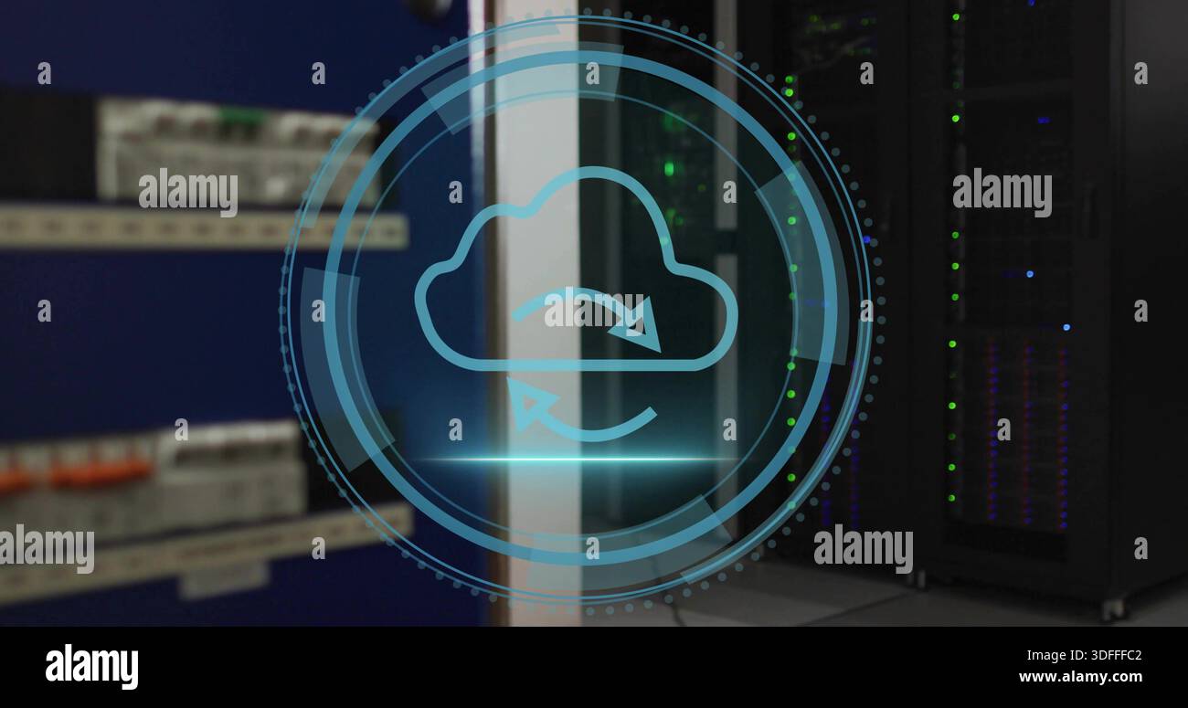 Projecting blue cloud sync HUD over server racks in data center, showing orange cable bundle Stock Photo