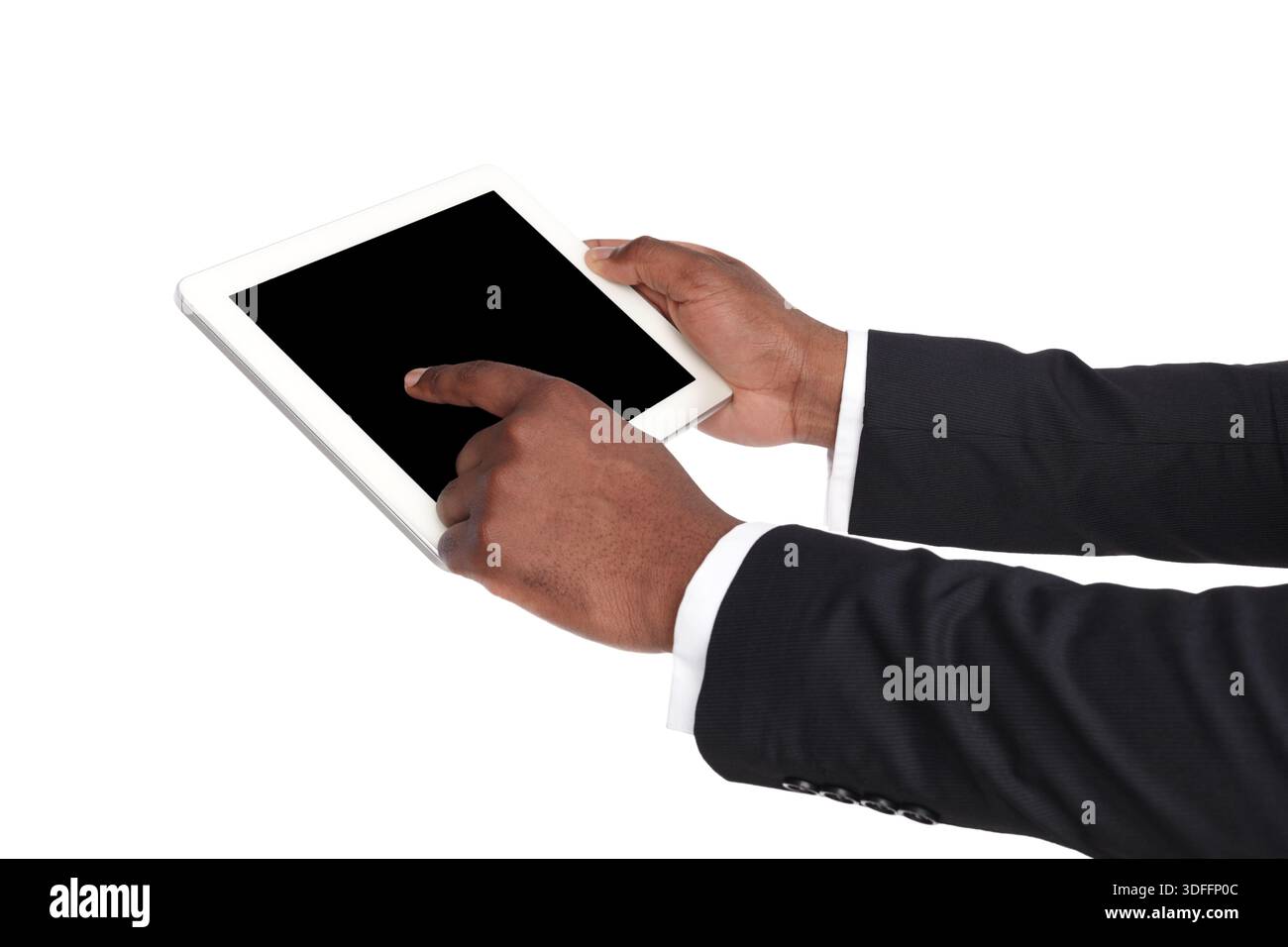 Holding and pointing to blank screen on tablet Stock Photo