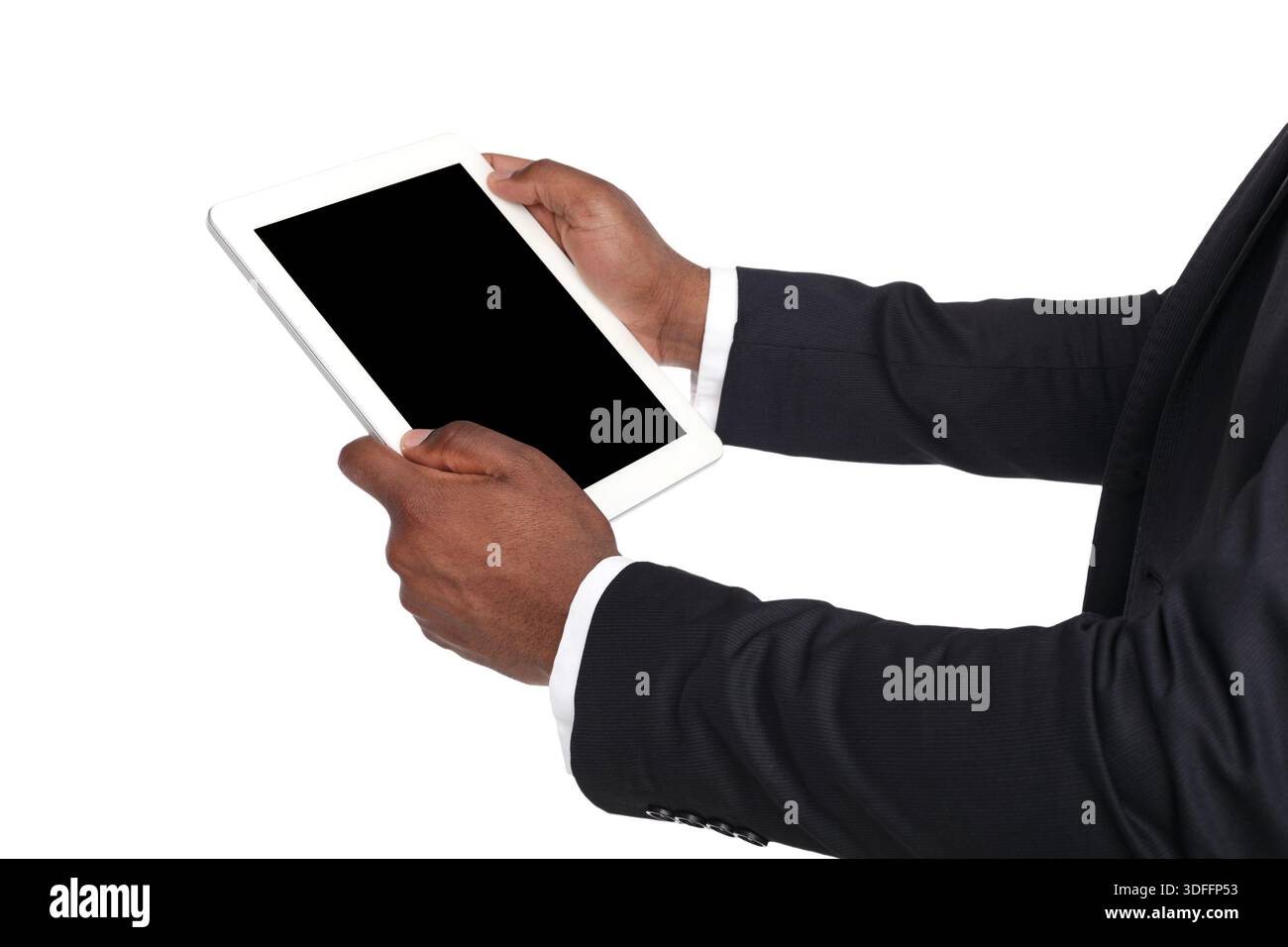 Holding and pointing to blank screen on tablet Stock Photo