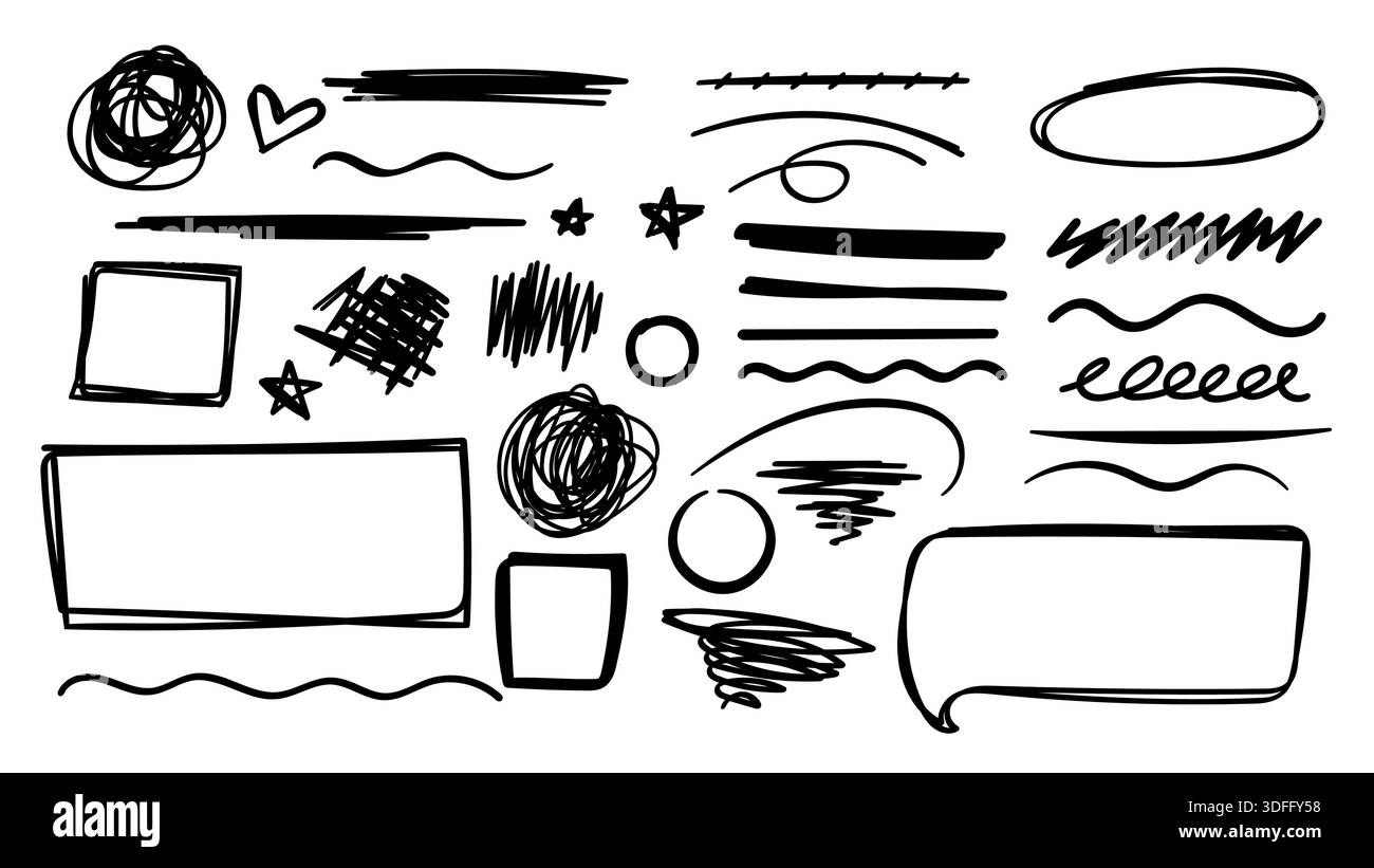 Black Marker Hand Drawn Scribble Collection and Design Elements. Vector ...