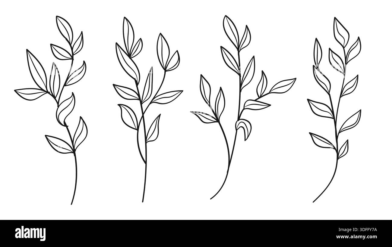 Leaves and Tree Branch Line Art Hand Drawn Set. Vector Illustration ...